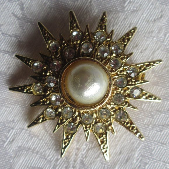 🌹 GOLD CRYSTAL DOUBLE/MULTI POINT STAR - PEARL BROOCH – VINTAGE 🌹 - Picture 7 of 15